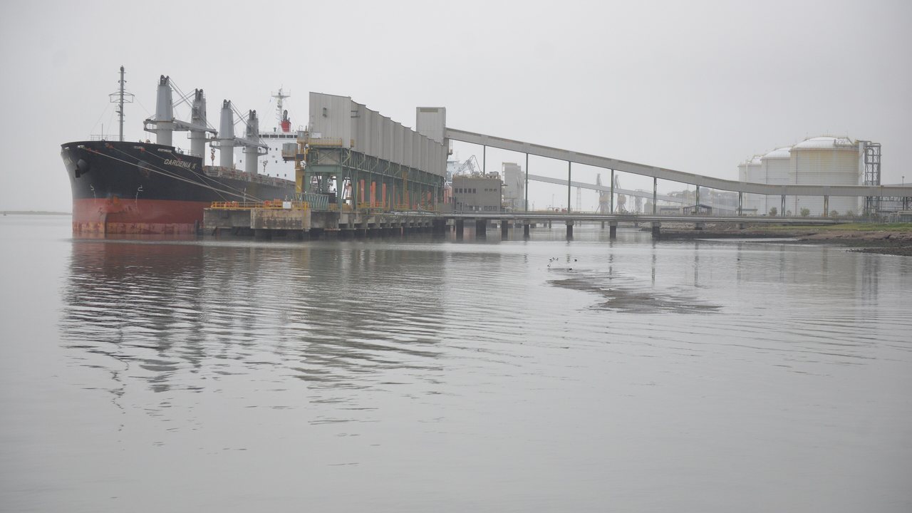 Buque granelero amarrado al elevador de un puerto, con la galería de cintas transportadoras apoyada sobre pilotes y tanques de almacenaje al fondo; el agua está quieta y el día, cerrado de niebla.